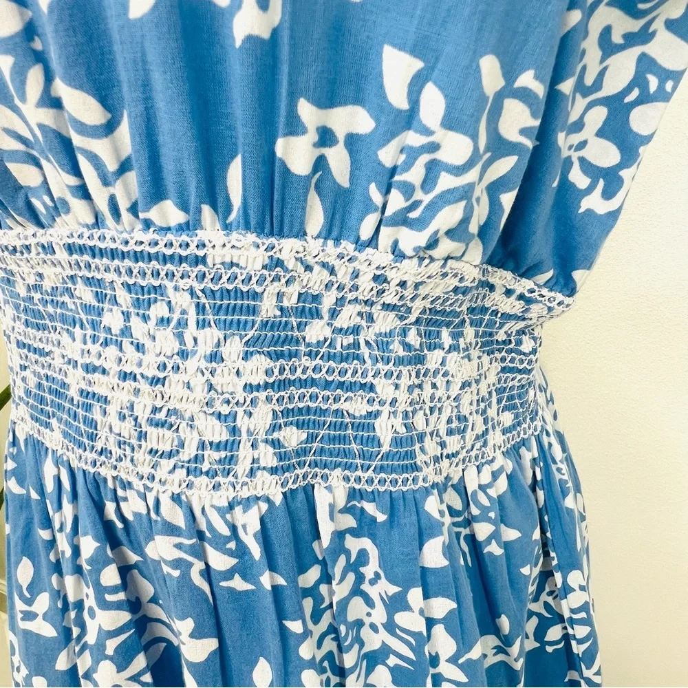 SAIL TO SABLE Blue Floral Flutter Ruffle Sleeve Smock Waist Mini Dress Large - Picture 4 of 13